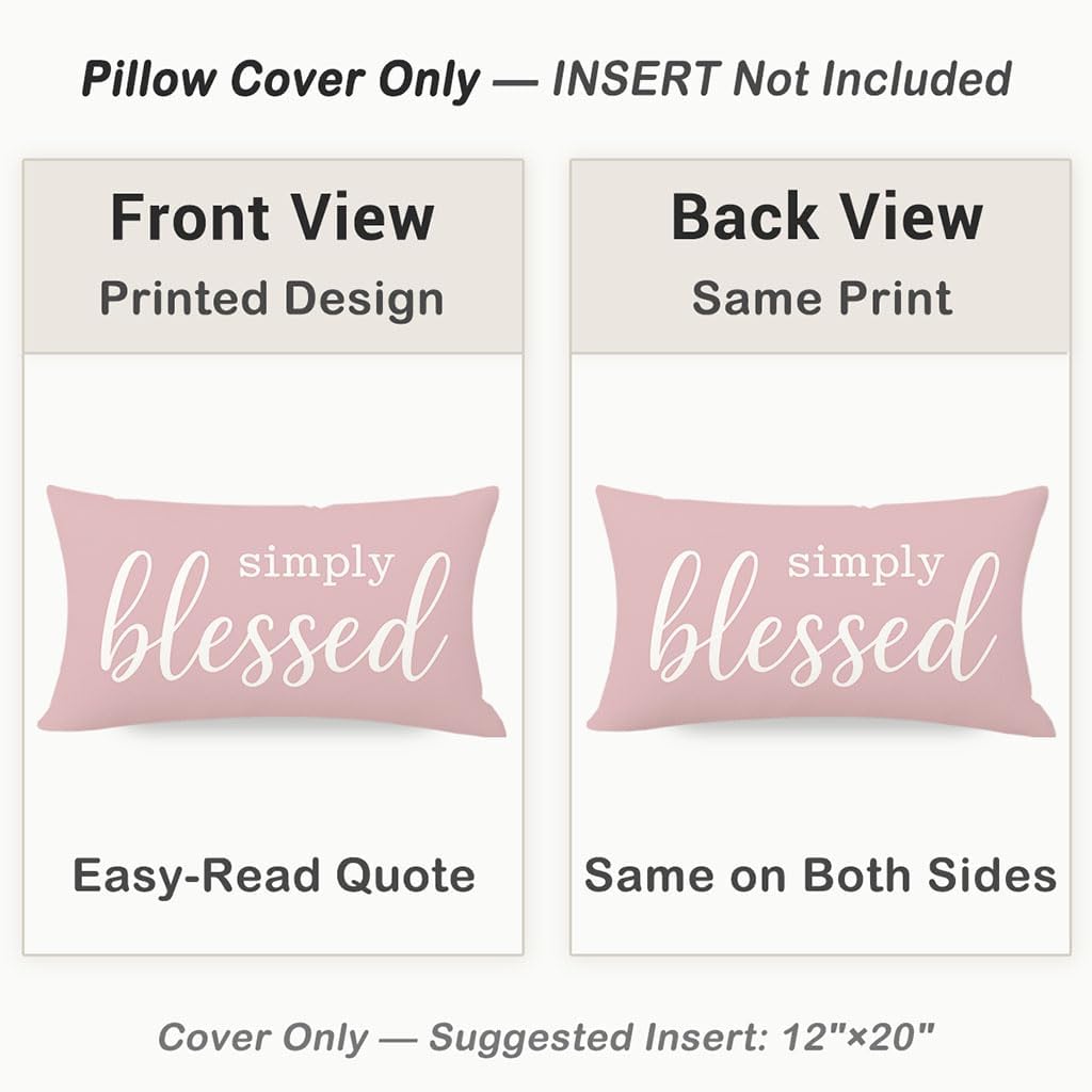 Decorative Lumbar Pillow Cover 12x20 Inch Simply Blessed, Pink