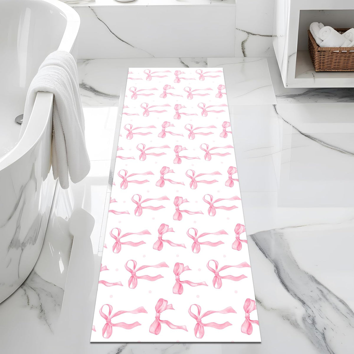 Pink Bow Bathroom Rugs 17X47 Inch Long Cute Bath Mats Pink Bathroom Decor Absorbent Non Slip Bath Rug with Rubber Backing for Home Laundry