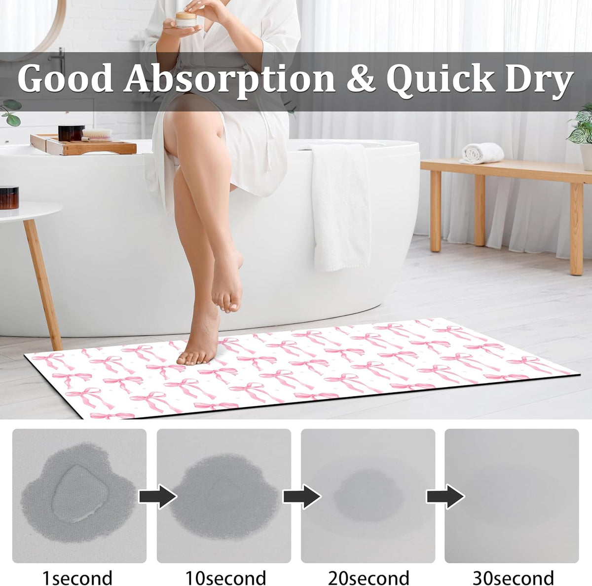 Pink Bow Bathroom Rugs 17X47 Inch Long Cute Bath Mats Pink Bathroom Decor Absorbent Non Slip Bath Rug with Rubber Backing for Home Laundry