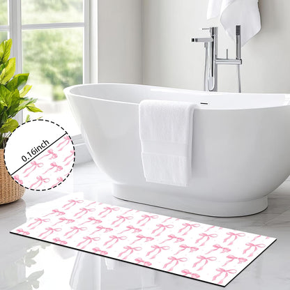 Pink Bow Bathroom Rugs 17X47 Inch Long Cute Bath Mats Pink Bathroom Decor Absorbent Non Slip Bath Rug with Rubber Backing for Home Laundry