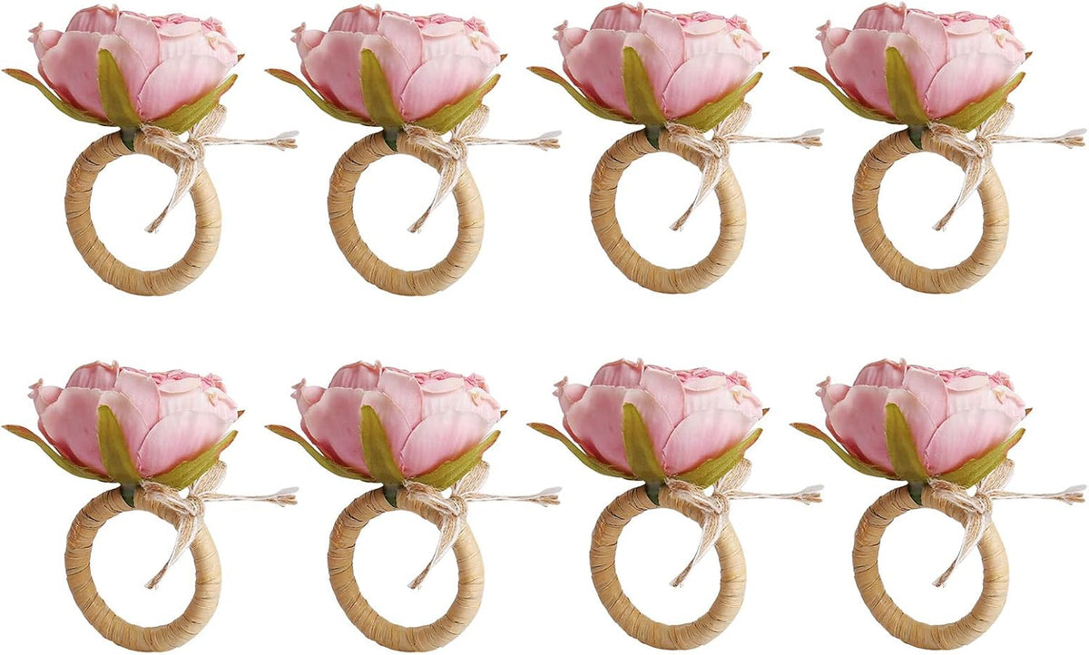 Flower Napkin Rings Set of 8,Pink Peony Flower Handmade Napkin Holder Rings Table Decorations for Wedding,Fall,Daily Party,Picnics,Banquet,Luncheons,Birthday,Christmas,Valentine's,Thanksgiving