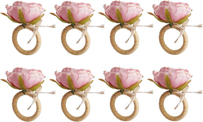 Flower Napkin Rings Set of 8,Pink Peony Flower Handmade Napkin Holder Rings Table Decorations for Wedding,Fall,Daily Party,Picnics,Banquet,Luncheons,Birthday,Christmas,Valentine's,Thanksgiving