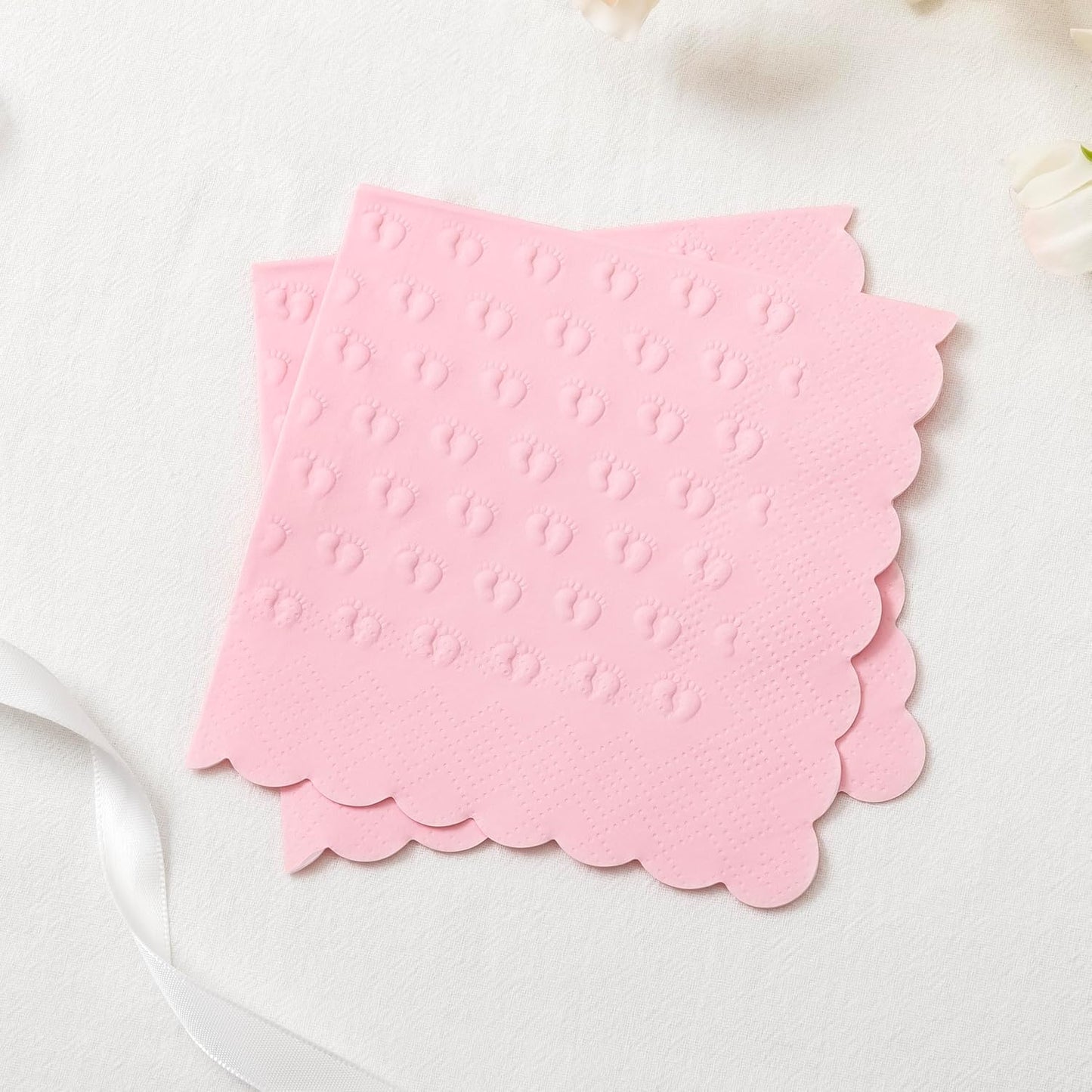 3-Ply Baby Shower Napkins for Girl, 50 Pack Embossed Footprints Pink Napkins for Girl Baby Shower Decorations, Disposable Paper Cocktail Napkin, and Not Easily Torn