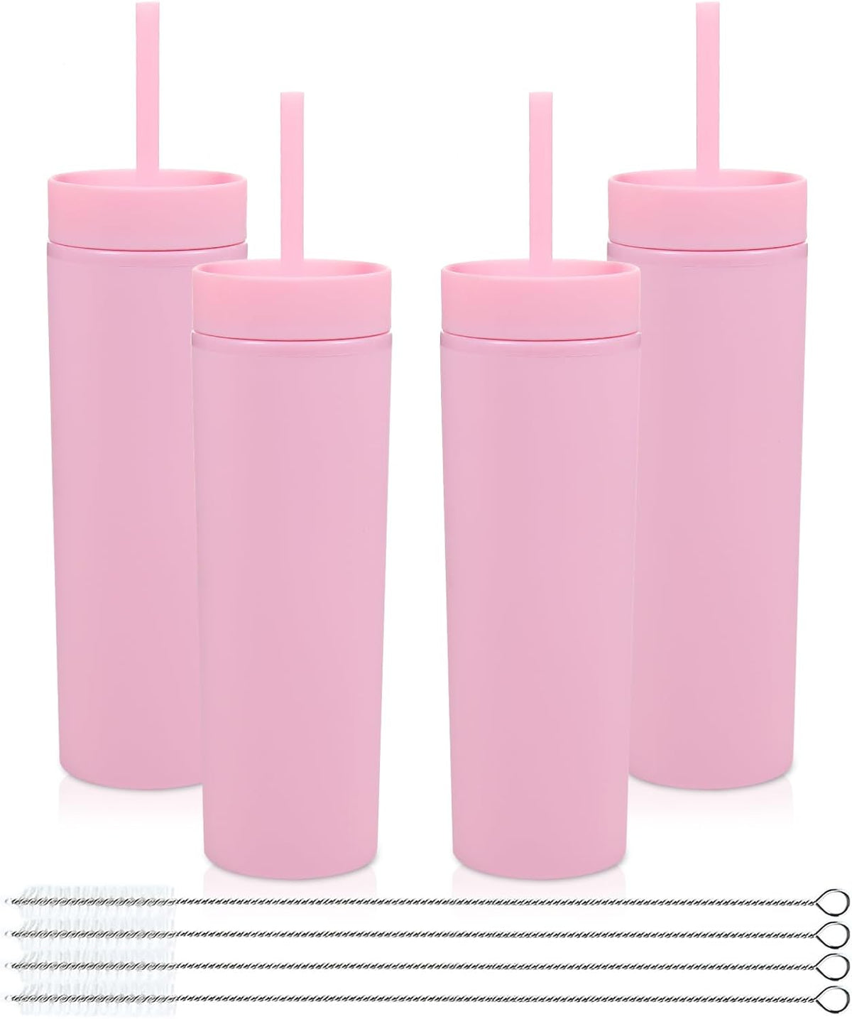 Volhoply 16oz Plastic Skinny Tumbler With Lid and Straw Bulk 4 Pack,Insulated Double Wall BPA Free Matte Acrylic Tumblers,Iced Coffee Travel Mug Reusable Party Cup,Customizable Diy Gifts(Pink,4 Set)