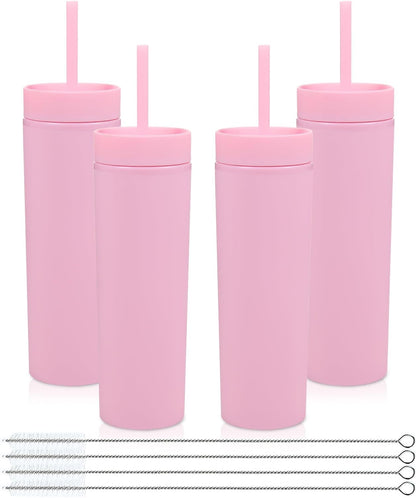 Volhoply 16oz Plastic Skinny Tumbler With Lid and Straw Bulk 4 Pack,Insulated Double Wall BPA Free Matte Acrylic Tumblers,Iced Coffee Travel Mug Reusable Party Cup,Customizable Diy Gifts(Pink,4 Set)