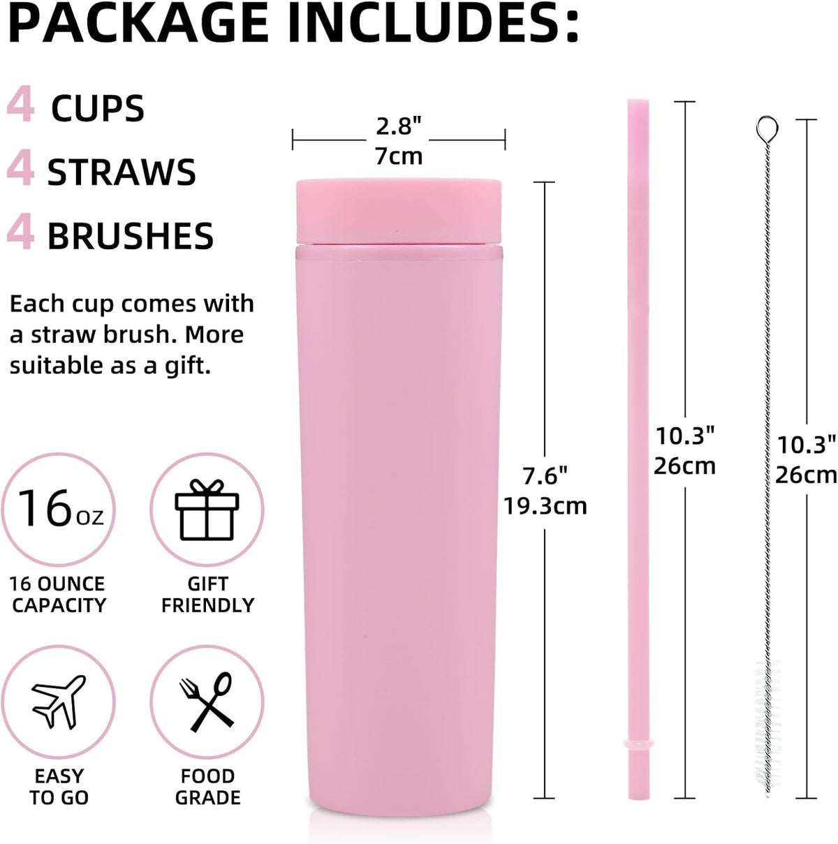 Volhoply 16oz Plastic Skinny Tumbler With Lid and Straw Bulk 4 Pack,Insulated Double Wall BPA Free Matte Acrylic Tumblers,Iced Coffee Travel Mug Reusable Party Cup,Customizable Diy Gifts(Pink,4 Set)
