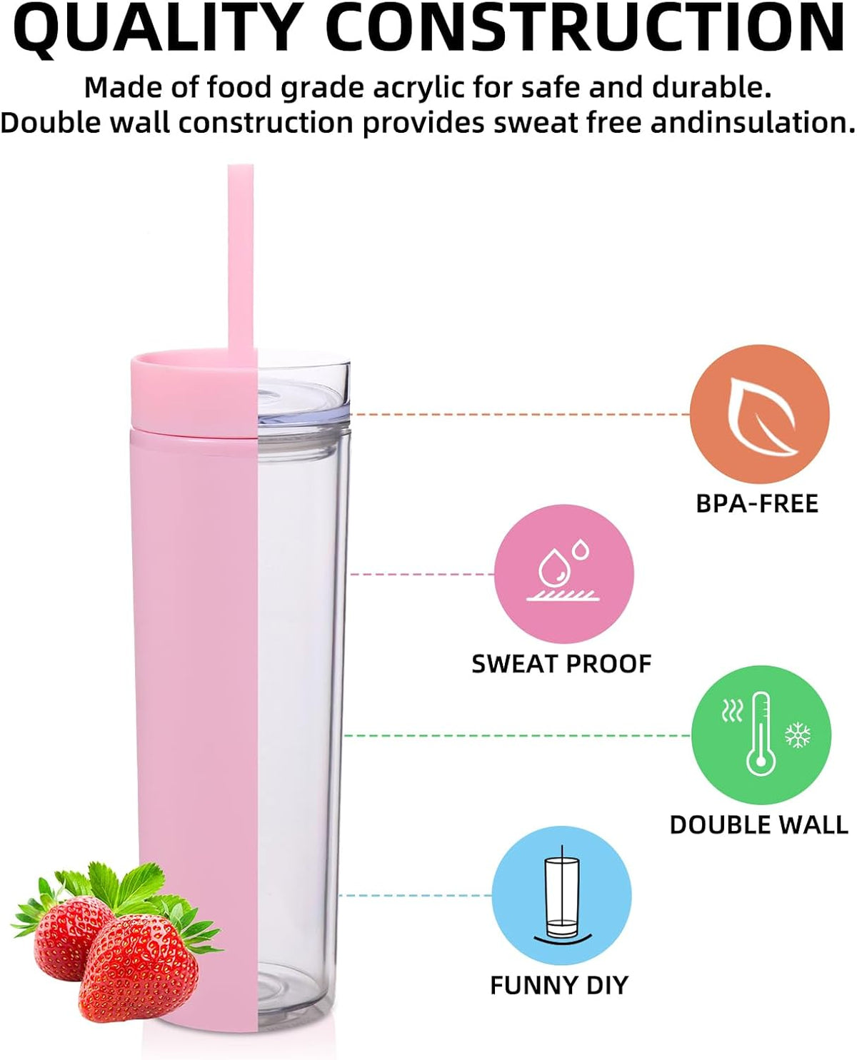 Volhoply 16oz Plastic Skinny Tumbler With Lid and Straw Bulk 4 Pack,Insulated Double Wall BPA Free Matte Acrylic Tumblers,Iced Coffee Travel Mug Reusable Party Cup,Customizable Diy Gifts(Pink,4 Set)