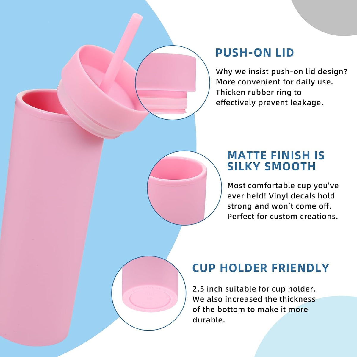 Volhoply 16oz Plastic Skinny Tumbler With Lid and Straw Bulk 4 Pack,Insulated Double Wall BPA Free Matte Acrylic Tumblers,Iced Coffee Travel Mug Reusable Party Cup,Customizable Diy Gifts(Pink,4 Set)