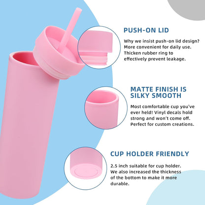 Volhoply 16oz Plastic Skinny Tumbler With Lid and Straw Bulk 4 Pack,Insulated Double Wall BPA Free Matte Acrylic Tumblers,Iced Coffee Travel Mug Reusable Party Cup,Customizable Diy Gifts(Pink,4 Set)