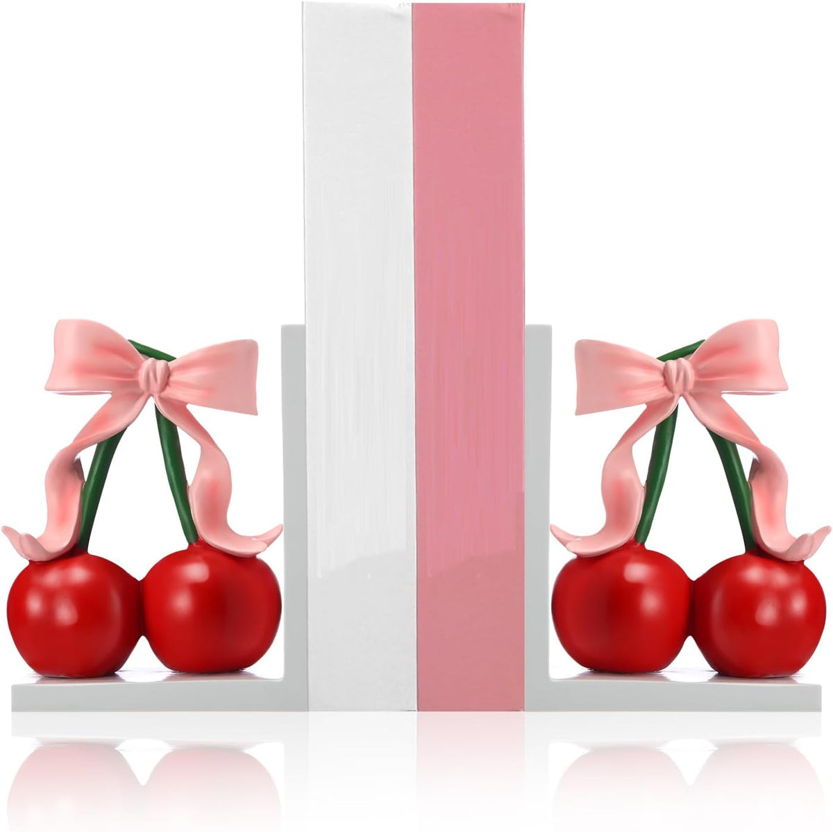2 Pcs Pink Bow Cherry Bookends Wooden Pink Bookends Shelves Coquette Room Decor Cute Cherry Figurine Book Ends Bow Nursery Decoration for Bedroom Home Office Nursery Birthday Gift