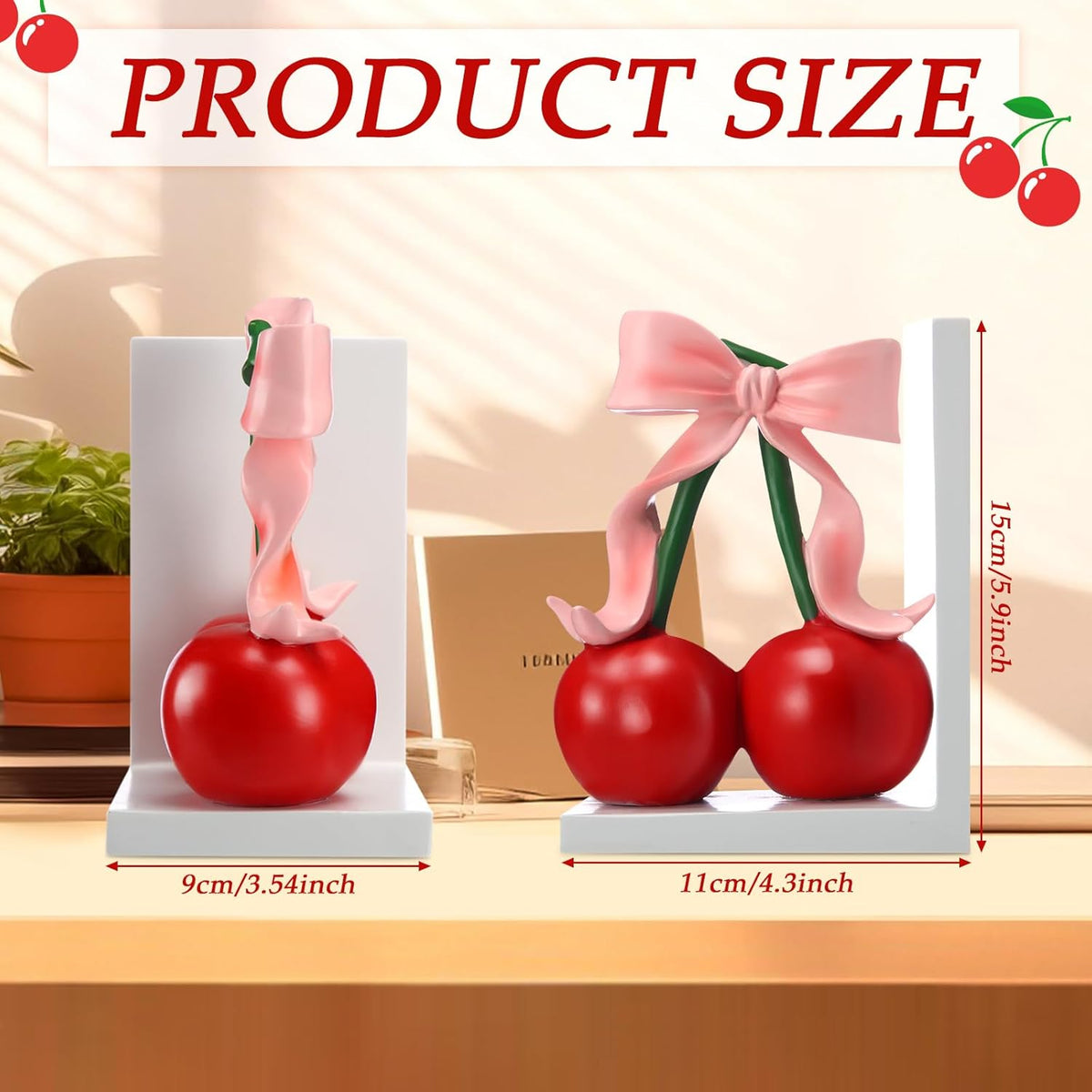 2 Pcs Pink Bow Cherry Bookends Wooden Pink Bookends Shelves Coquette Room Decor Cute Cherry Figurine Book Ends Bow Nursery Decoration for Bedroom Home Office Nursery Birthday Gift