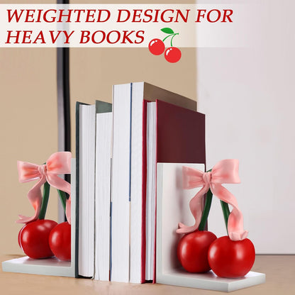2 Pcs Pink Bow Cherry Bookends Wooden Pink Bookends Shelves Coquette Room Decor Cute Cherry Figurine Book Ends Bow Nursery Decoration for Bedroom Home Office Nursery Birthday Gift