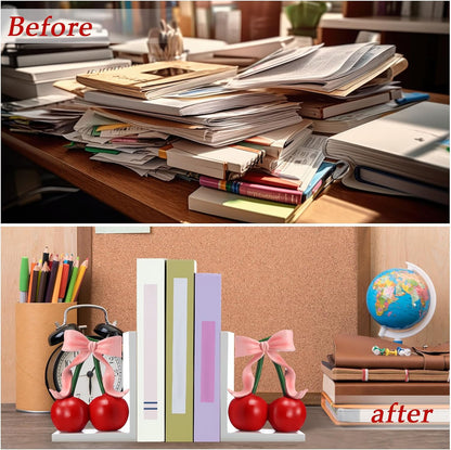 2 Pcs Pink Bow Cherry Bookends Wooden Pink Bookends Shelves Coquette Room Decor Cute Cherry Figurine Book Ends Bow Nursery Decoration for Bedroom Home Office Nursery Birthday Gift