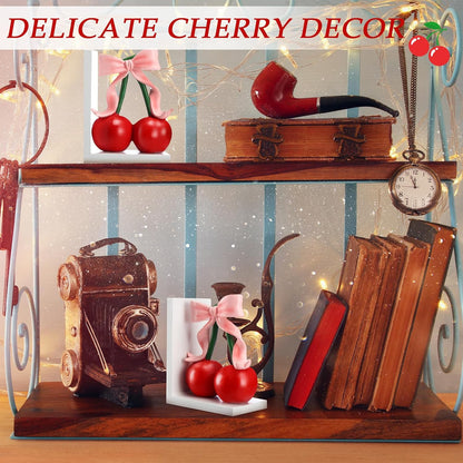 2 Pcs Pink Bow Cherry Bookends Wooden Pink Bookends Shelves Coquette Room Decor Cute Cherry Figurine Book Ends Bow Nursery Decoration for Bedroom Home Office Nursery Birthday Gift