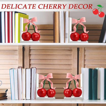 2 Pcs Pink Bow Cherry Bookends Wooden Pink Bookends Shelves Coquette Room Decor Cute Cherry Figurine Book Ends Bow Nursery Decoration for Bedroom Home Office Nursery Birthday Gift