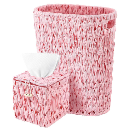 Wicker Trash Can and Square Tissue Box Cover, 4 Gallon Water Hyacinth Bathroom Trash Can, Handwoven Napkin Holder, Narrow Small Waste Basket, Rustic Decorative Home Set for Bedroom,Office (Pink)