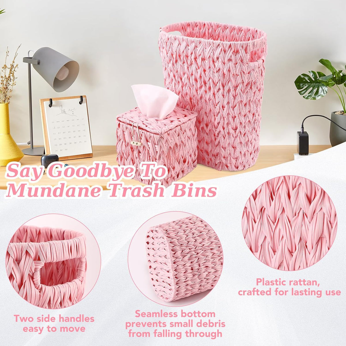 Wicker Trash Can and Square Tissue Box Cover, 4 Gallon Water Hyacinth Bathroom Trash Can, Handwoven Napkin Holder, Narrow Small Waste Basket, Rustic Decorative Home Set for Bedroom,Office (Pink)