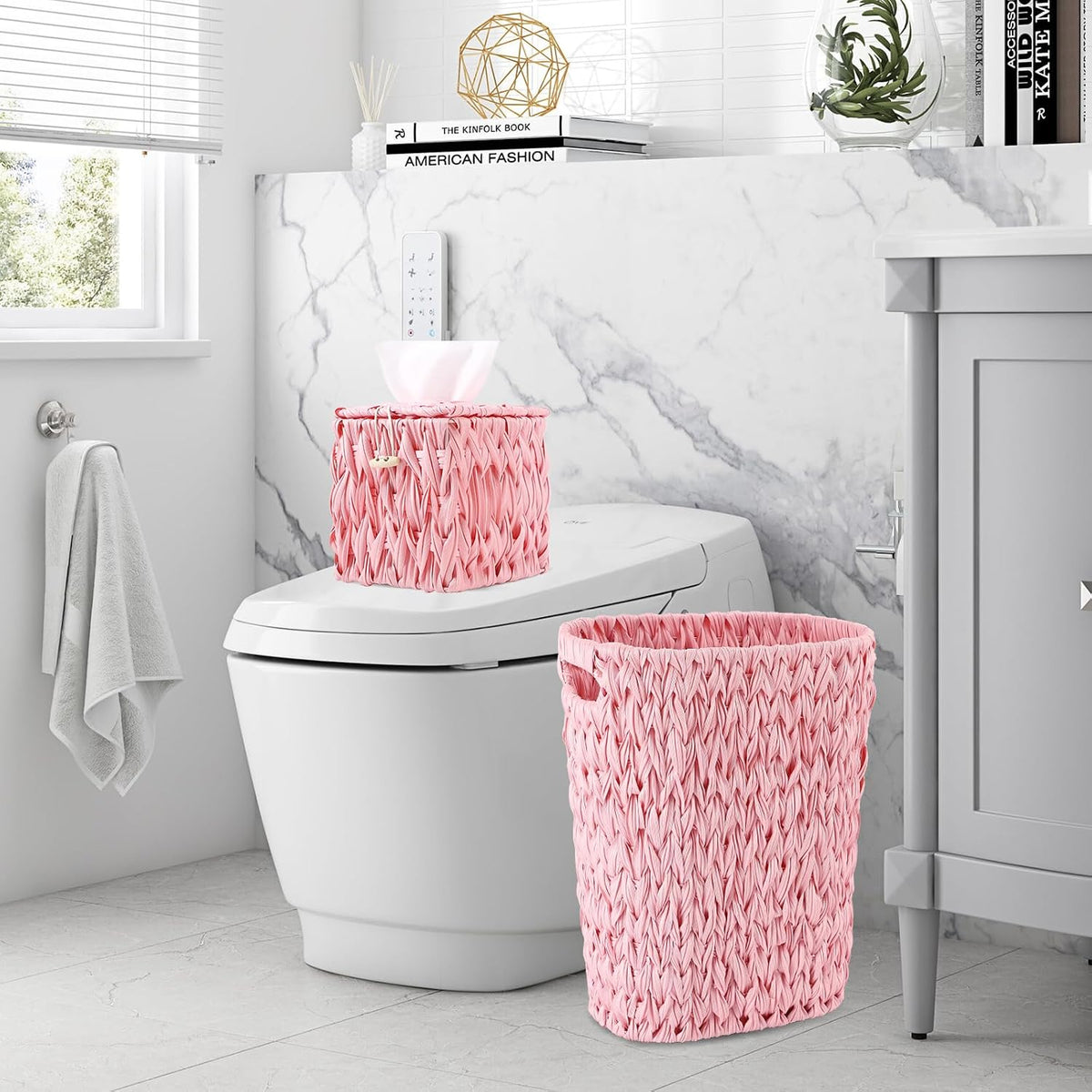 Wicker Trash Can and Square Tissue Box Cover, 4 Gallon Water Hyacinth Bathroom Trash Can, Handwoven Napkin Holder, Narrow Small Waste Basket, Rustic Decorative Home Set for Bedroom,Office (Pink)