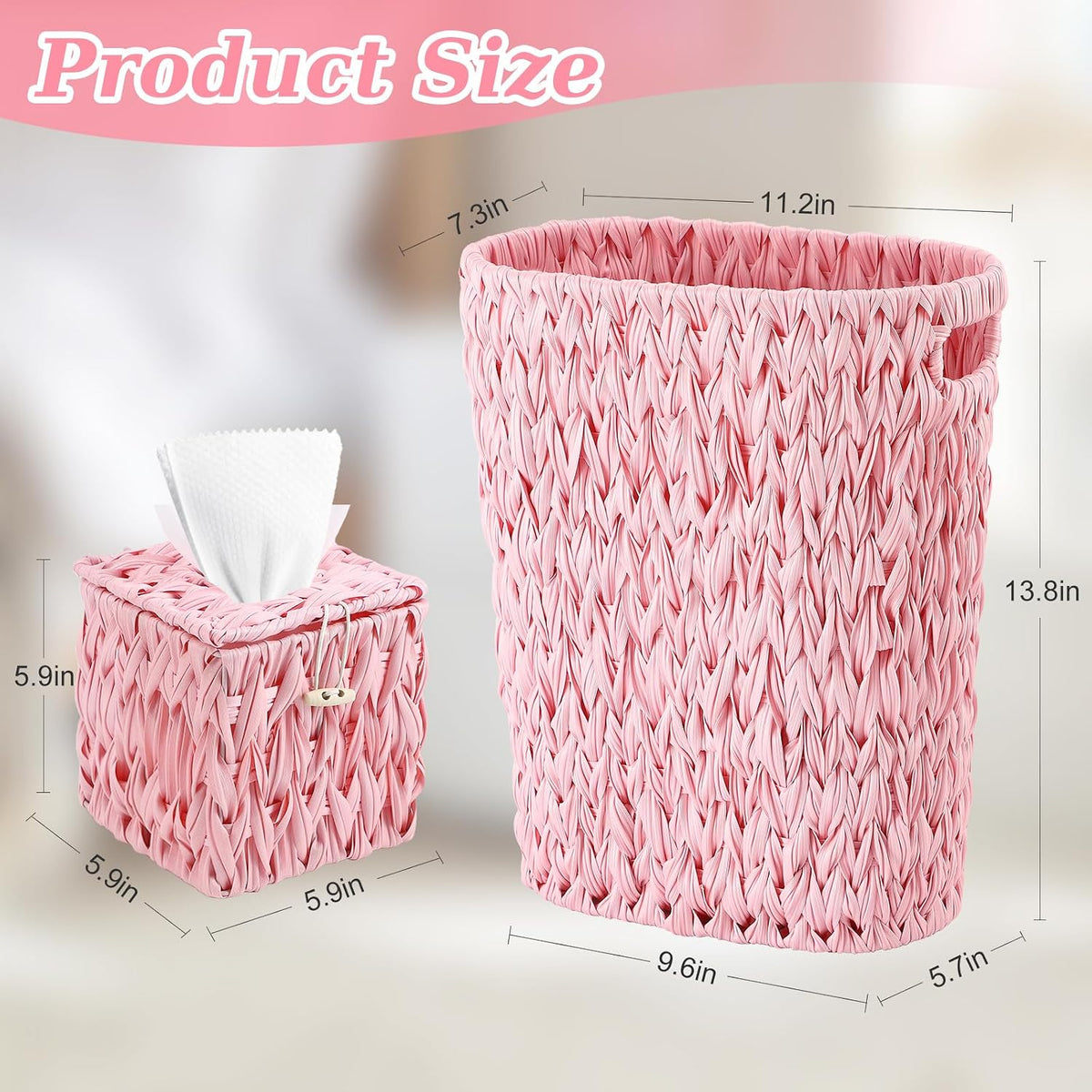 Wicker Trash Can and Square Tissue Box Cover, 4 Gallon Water Hyacinth Bathroom Trash Can, Handwoven Napkin Holder, Narrow Small Waste Basket, Rustic Decorative Home Set for Bedroom,Office (Pink)
