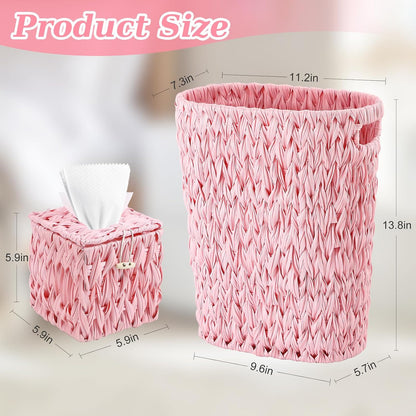 Wicker Trash Can and Square Tissue Box Cover, 4 Gallon Water Hyacinth Bathroom Trash Can, Handwoven Napkin Holder, Narrow Small Waste Basket, Rustic Decorative Home Set for Bedroom,Office (Pink)
