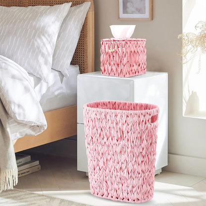 Wicker Trash Can and Square Tissue Box Cover, 4 Gallon Water Hyacinth Bathroom Trash Can, Handwoven Napkin Holder, Narrow Small Waste Basket, Rustic Decorative Home Set for Bedroom,Office (Pink)