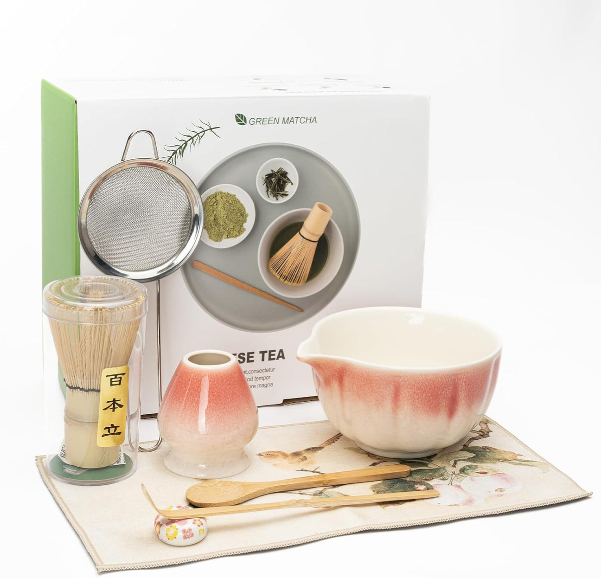 Matcha Whisk Set, Matcha Bowl with Spout, 8PCS Macha kit, Matcha Whisk and Bowl, Chasen, Bamboo Scoop, Scoop Rest, Sifter and Tea Towel, Gifts and Ceremony Set for Macha Lovers.(Pink)