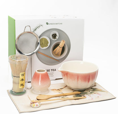 Matcha Whisk Set, Matcha Bowl with Spout, 8PCS Macha kit, Matcha Whisk and Bowl, Chasen, Bamboo Scoop, Scoop Rest, Sifter and Tea Towel, Gifts and Ceremony Set for Macha Lovers.(Pink)