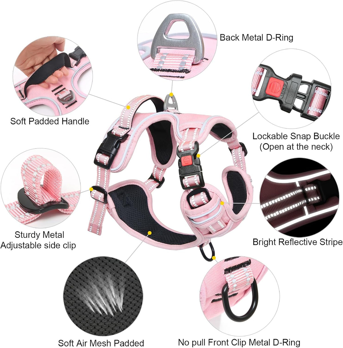Dog Harness, Front Clip No Pull Medium Sized with Handle, Pink, M