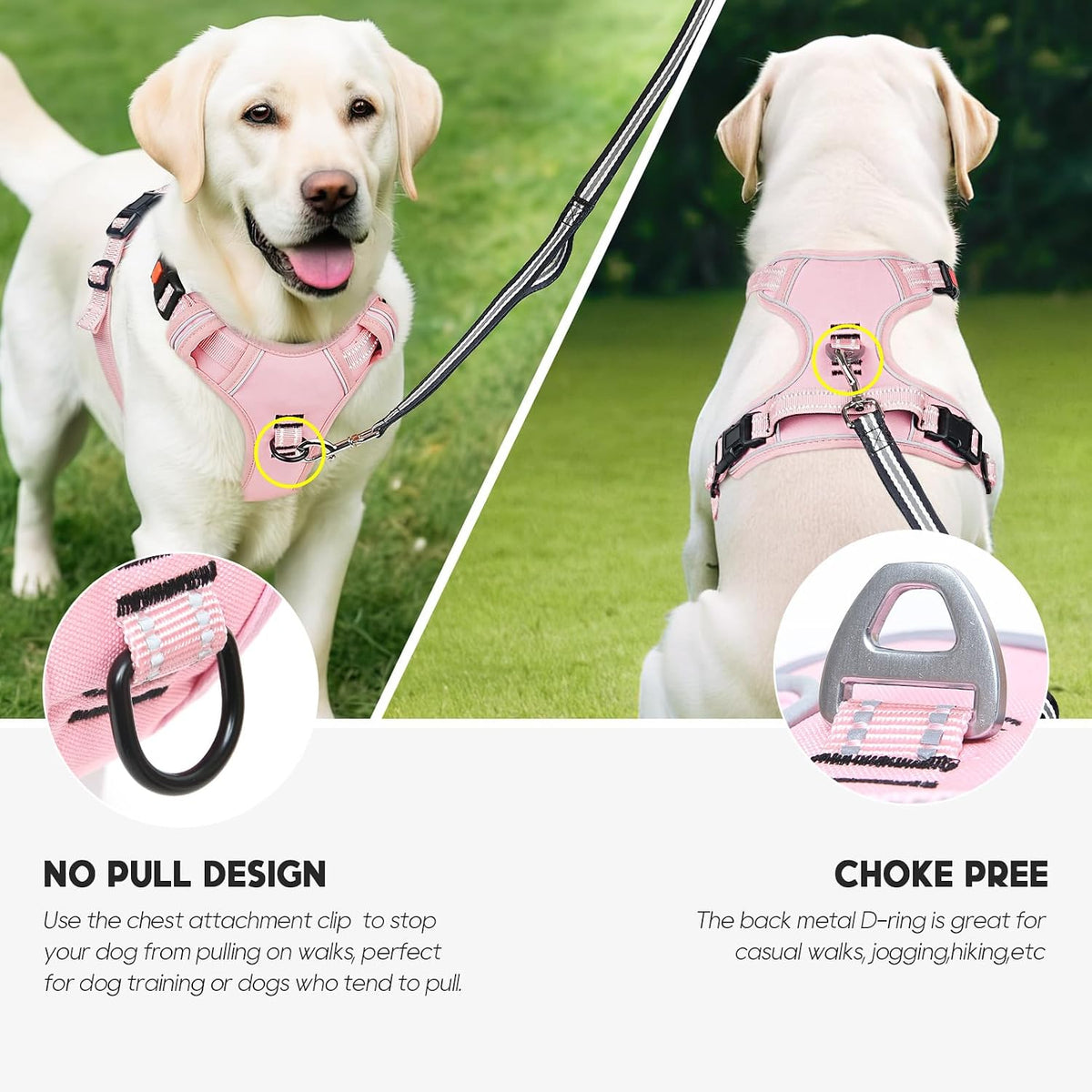 Dog Harness, Front Clip No Pull Medium Sized with Handle, Pink, M