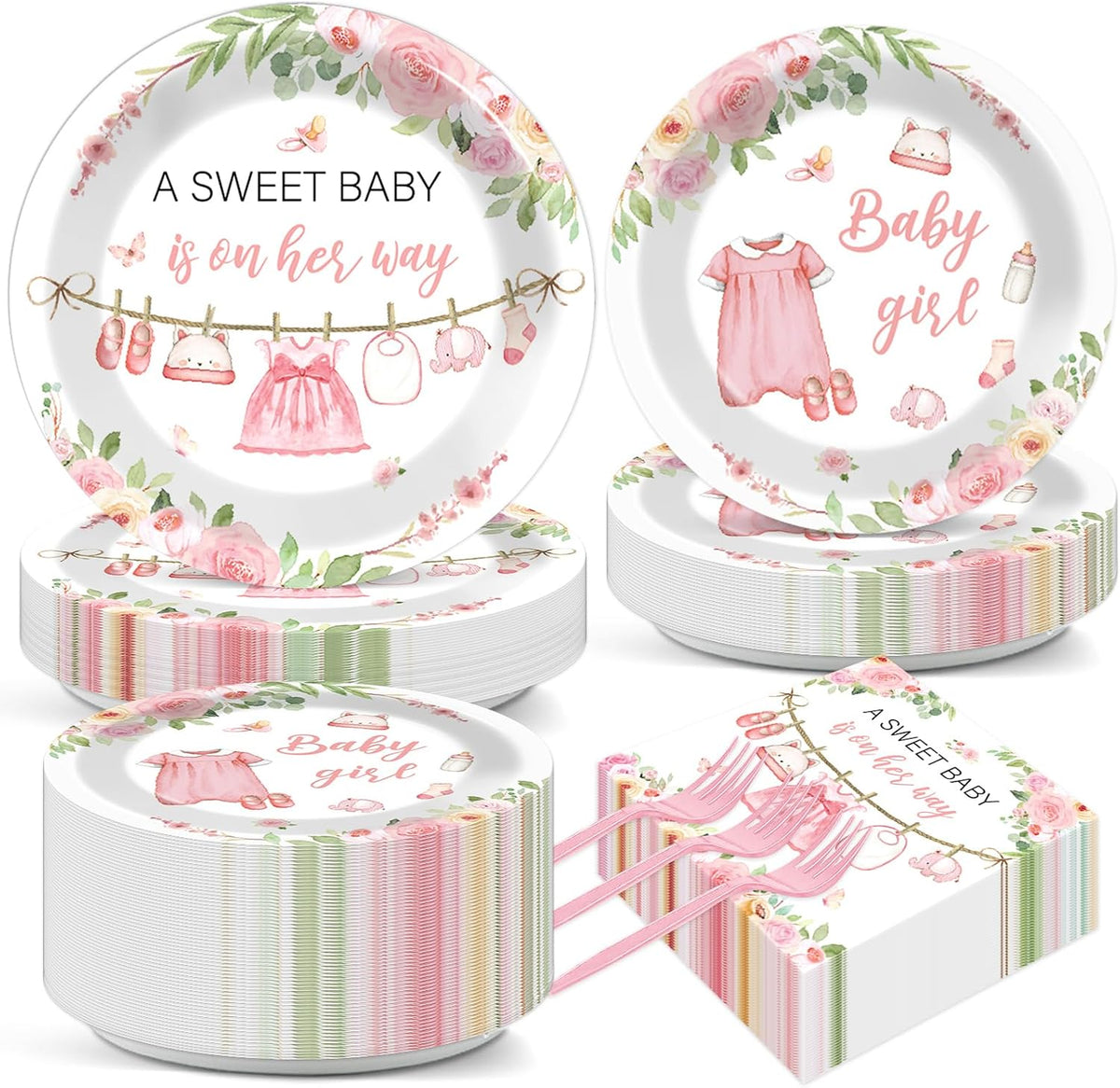 200Pcs Floral Baby Girl Shower Plates and Napkins Decoration Pink Girl Party Tableware Dinnerware Set Spring Rose Gold Paper Plates for Baby Gender Reveal Party Supplies Serves 50