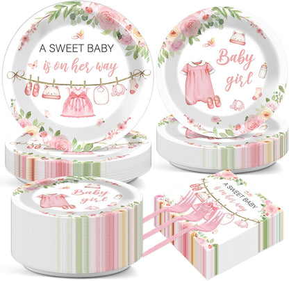 200Pcs Floral Baby Girl Shower Plates and Napkins Decoration Pink Girl Party Tableware Dinnerware Set Spring Rose Gold Paper Plates for Baby Gender Reveal Party Supplies Serves 50