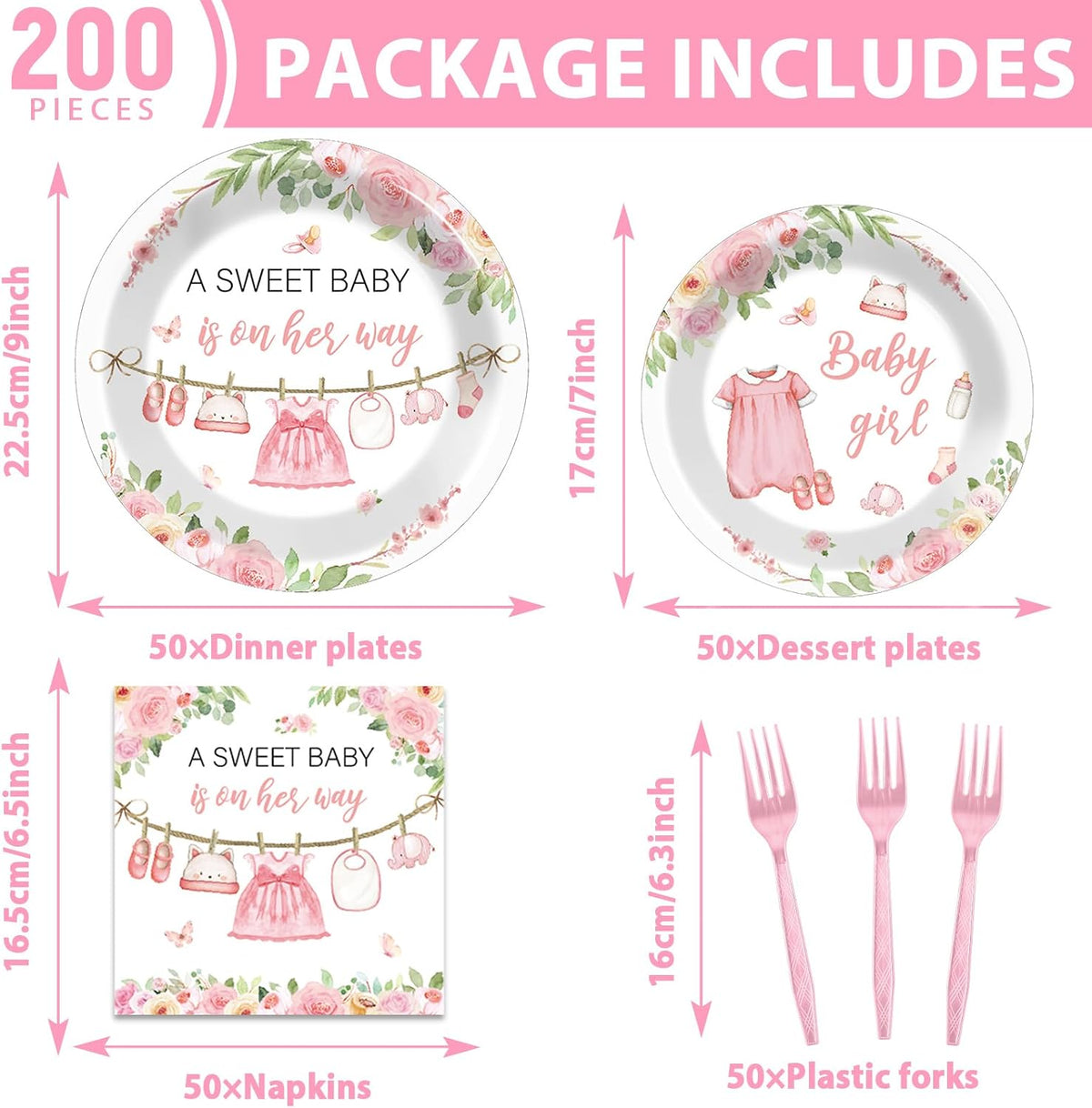200Pcs Floral Baby Girl Shower Plates and Napkins Decoration Pink Girl Party Tableware Dinnerware Set Spring Rose Gold Paper Plates for Baby Gender Reveal Party Supplies Serves 50