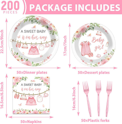 200Pcs Floral Baby Girl Shower Plates and Napkins Decoration Pink Girl Party Tableware Dinnerware Set Spring Rose Gold Paper Plates for Baby Gender Reveal Party Supplies Serves 50