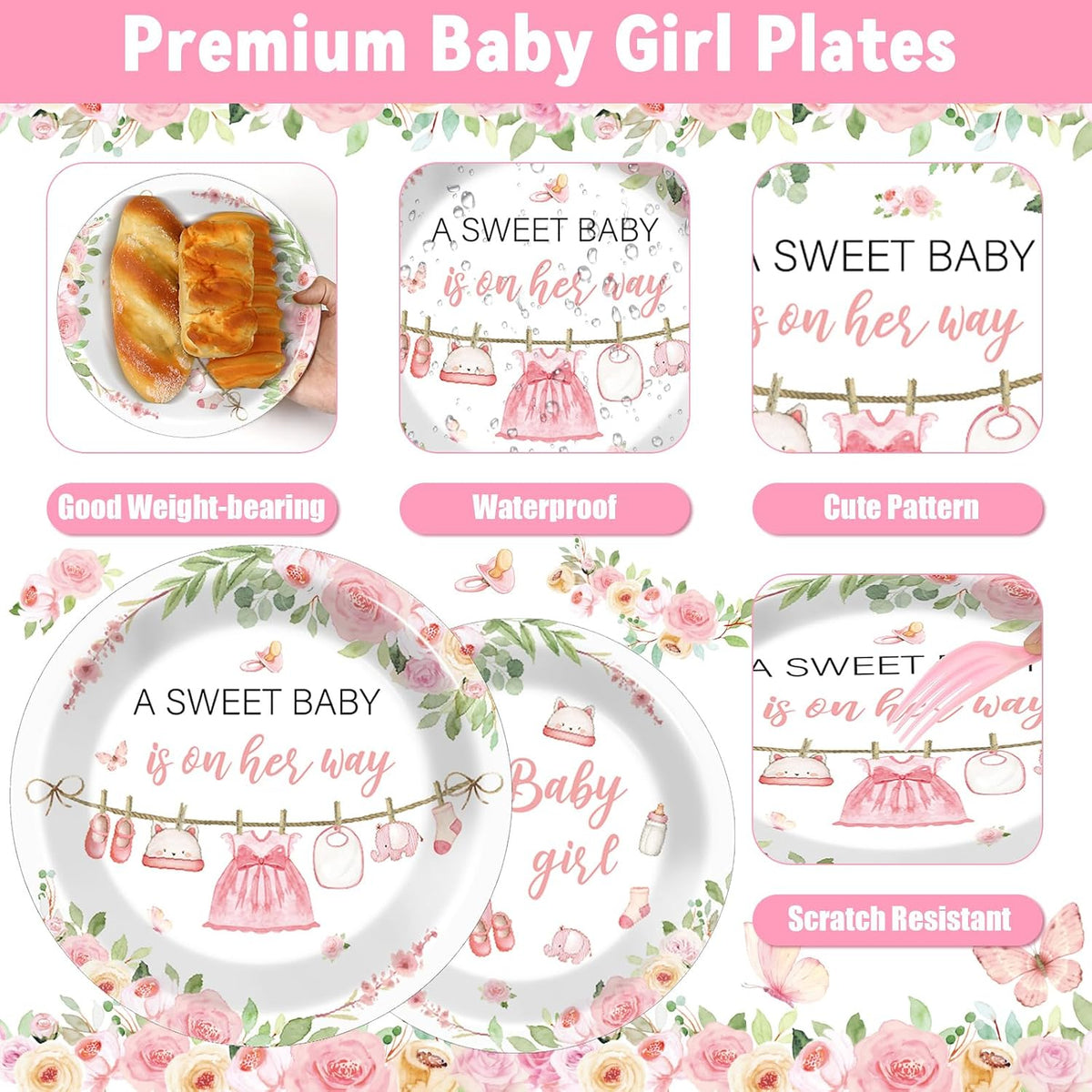 200Pcs Floral Baby Girl Shower Plates and Napkins Decoration Pink Girl Party Tableware Dinnerware Set Spring Rose Gold Paper Plates for Baby Gender Reveal Party Supplies Serves 50