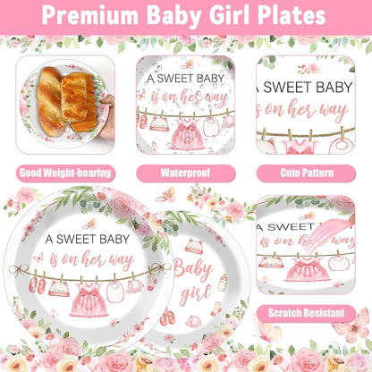 200Pcs Floral Baby Girl Shower Plates and Napkins Decoration Pink Girl Party Tableware Dinnerware Set Spring Rose Gold Paper Plates for Baby Gender Reveal Party Supplies Serves 50