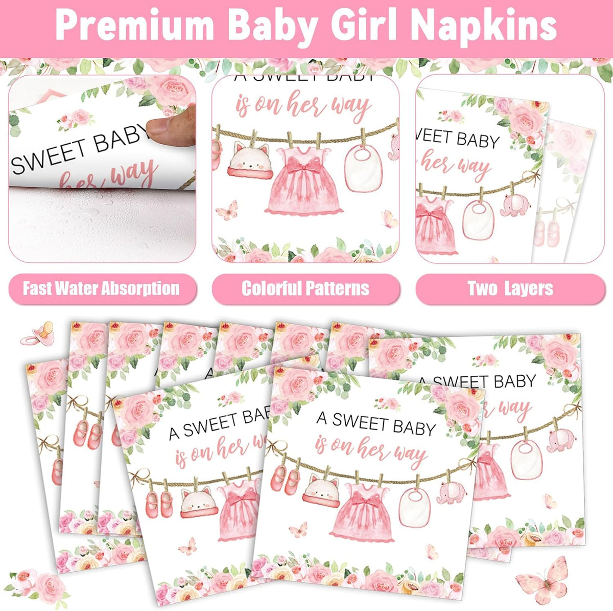 200Pcs Floral Baby Girl Shower Plates and Napkins Decoration Pink Girl Party Tableware Dinnerware Set Spring Rose Gold Paper Plates for Baby Gender Reveal Party Supplies Serves 50