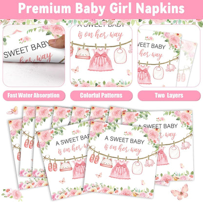 200Pcs Floral Baby Girl Shower Plates and Napkins Decoration Pink Girl Party Tableware Dinnerware Set Spring Rose Gold Paper Plates for Baby Gender Reveal Party Supplies Serves 50