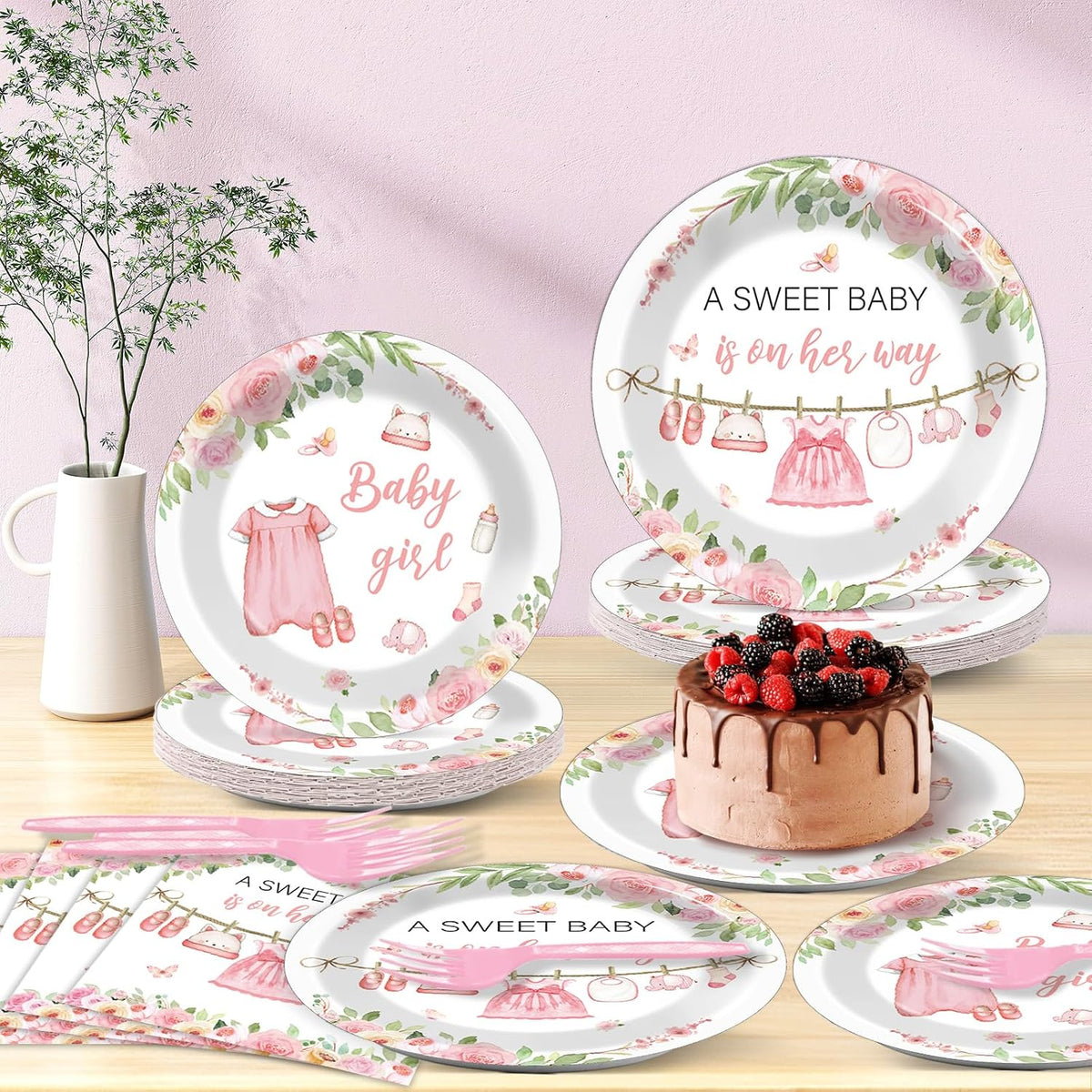 200Pcs Floral Baby Girl Shower Plates and Napkins Decoration Pink Girl Party Tableware Dinnerware Set Spring Rose Gold Paper Plates for Baby Gender Reveal Party Supplies Serves 50