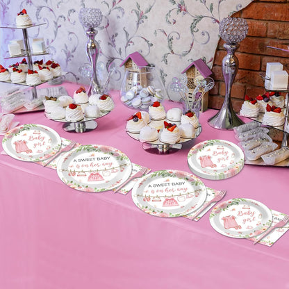 200Pcs Floral Baby Girl Shower Plates and Napkins Decoration Pink Girl Party Tableware Dinnerware Set Spring Rose Gold Paper Plates for Baby Gender Reveal Party Supplies Serves 50