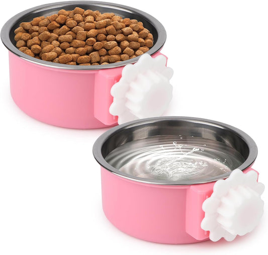 Hypeety Dog Crate Water Bowl No Spill - Hanging Attachable Pet Bowls for Kennel Durable Stainless Steel Food Water Dishes for Small Dogs Cats Rabbits Parrots with Non-Slip Base (Pink 2pcs)