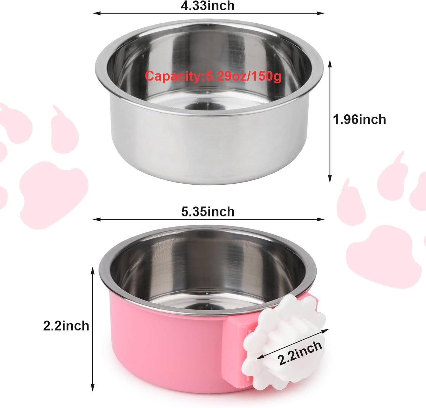 Hypeety Dog Crate Water Bowl No Spill - Hanging Attachable Pet Bowls for Kennel Durable Stainless Steel Food Water Dishes for Small Dogs Cats Rabbits Parrots with Non-Slip Base (Pink 2pcs)