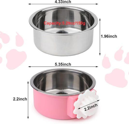 Hypeety Dog Crate Water Bowl No Spill - Hanging Attachable Pet Bowls for Kennel Durable Stainless Steel Food Water Dishes for Small Dogs Cats Rabbits Parrots with Non-Slip Base (Pink 2pcs)