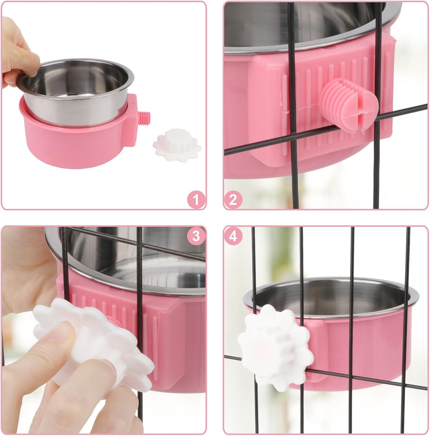 Hypeety Dog Crate Water Bowl No Spill - Hanging Attachable Pet Bowls for Kennel Durable Stainless Steel Food Water Dishes for Small Dogs Cats Rabbits Parrots with Non-Slip Base (Pink 2pcs)