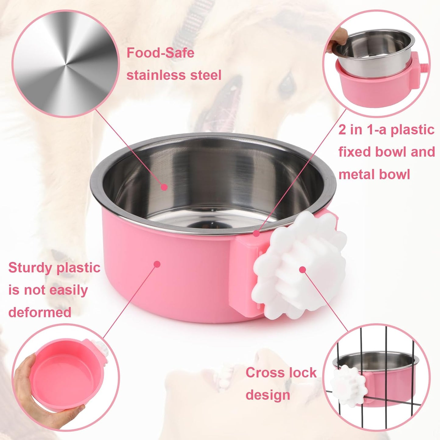 Hypeety Dog Crate Water Bowl No Spill - Hanging Attachable Pet Bowls for Kennel Durable Stainless Steel Food Water Dishes for Small Dogs Cats Rabbits Parrots with Non-Slip Base (Pink 2pcs)