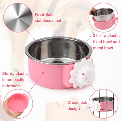 Hypeety Dog Crate Water Bowl No Spill - Hanging Attachable Pet Bowls for Kennel Durable Stainless Steel Food Water Dishes for Small Dogs Cats Rabbits Parrots with Non-Slip Base (Pink 2pcs)