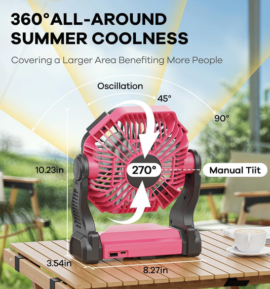 Portable Battery Powered Camping Fan - with LED Light, Quiet Battery Operated, Camping Gear for Travel, Tent, Beach, Car or Hurricane Power Outages