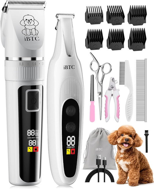 iBTC Professional Dog Grooming Kit at Home: All-in-One Quiet Clippers & Nail Grinder with LED Light, Cordless Dog Shaver, Safe Poodle Grooming Kit for Paws, Face, Ears & Body（White Combination）