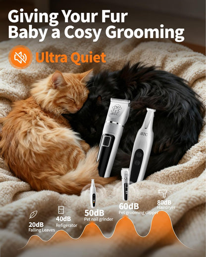 iBTC Professional Dog Grooming Kit at Home: All-in-One Quiet Clippers & Nail Grinder with LED Light, Cordless Dog Shaver, Safe Poodle Grooming Kit for Paws, Face, Ears & Body（White Combination）