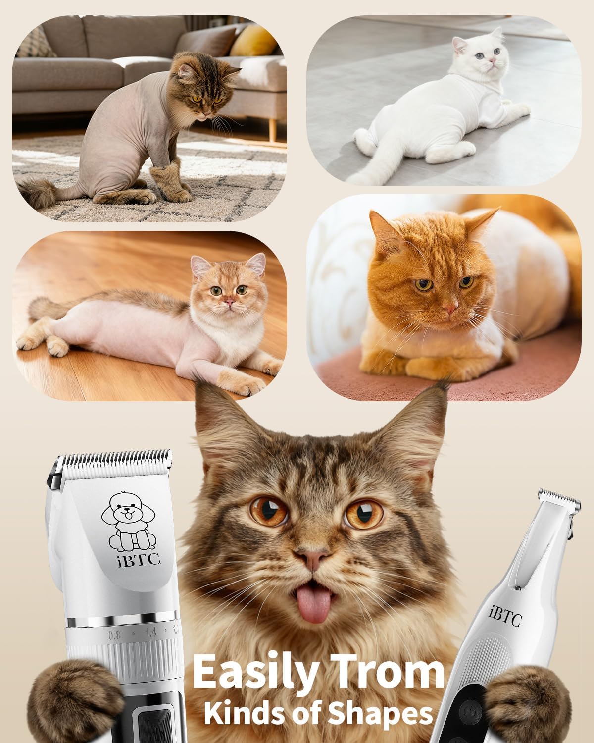 iBTC Professional Dog Grooming Kit at Home: All-in-One Quiet Clippers & Nail Grinder with LED Light, Cordless Dog Shaver, Safe Poodle Grooming Kit for Paws, Face, Ears & Body（White Combination）