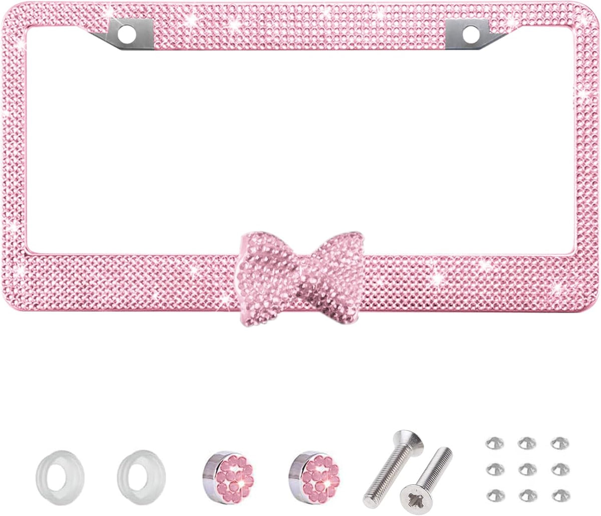 1 Pack Pink Bling License Plate Frame with Rhinestone Bow